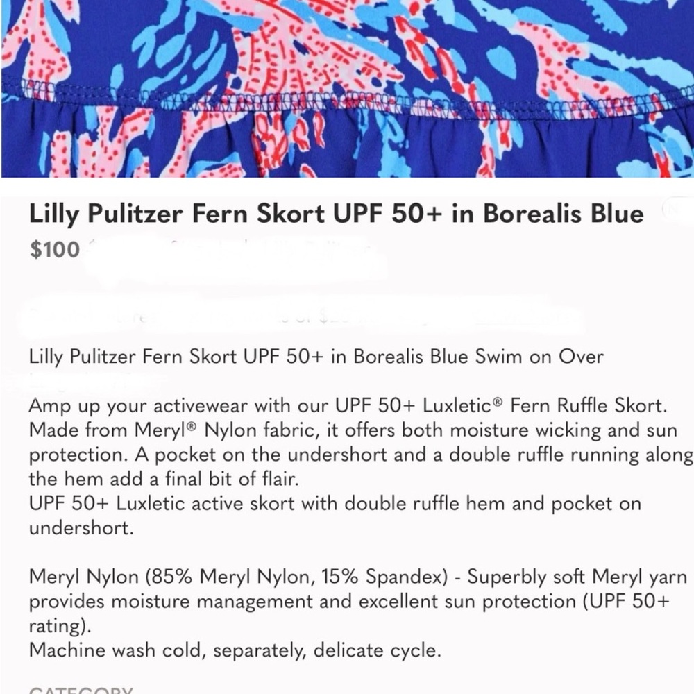 Lilly Pulitzer Luxletic UPF50 Fern Skort  Borealis Blue & Pink Coral Print XXS - Picture 8 of 9